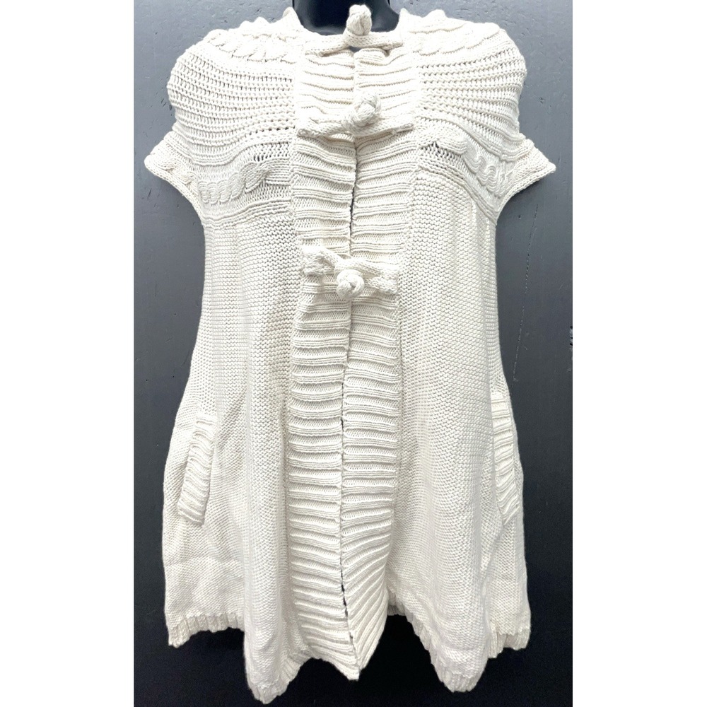 Pure Handknit Vest S Ivory Cotton Toggle Pockets Lagenlook Coastal Quiet Luxury